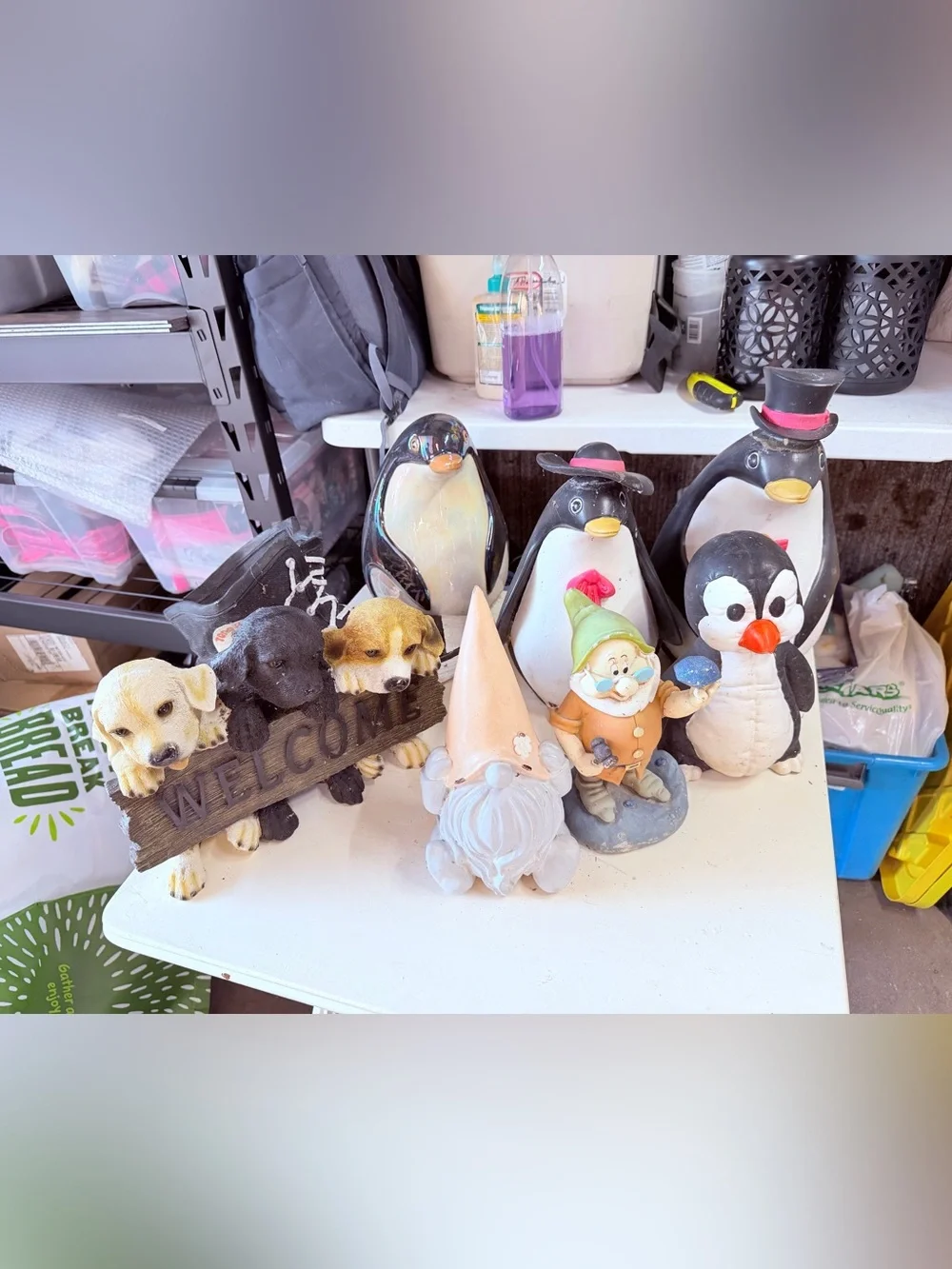 Garden Figurine Bundle - Penguins, Gnomes & Dogs - Black, White, Tan, Pink